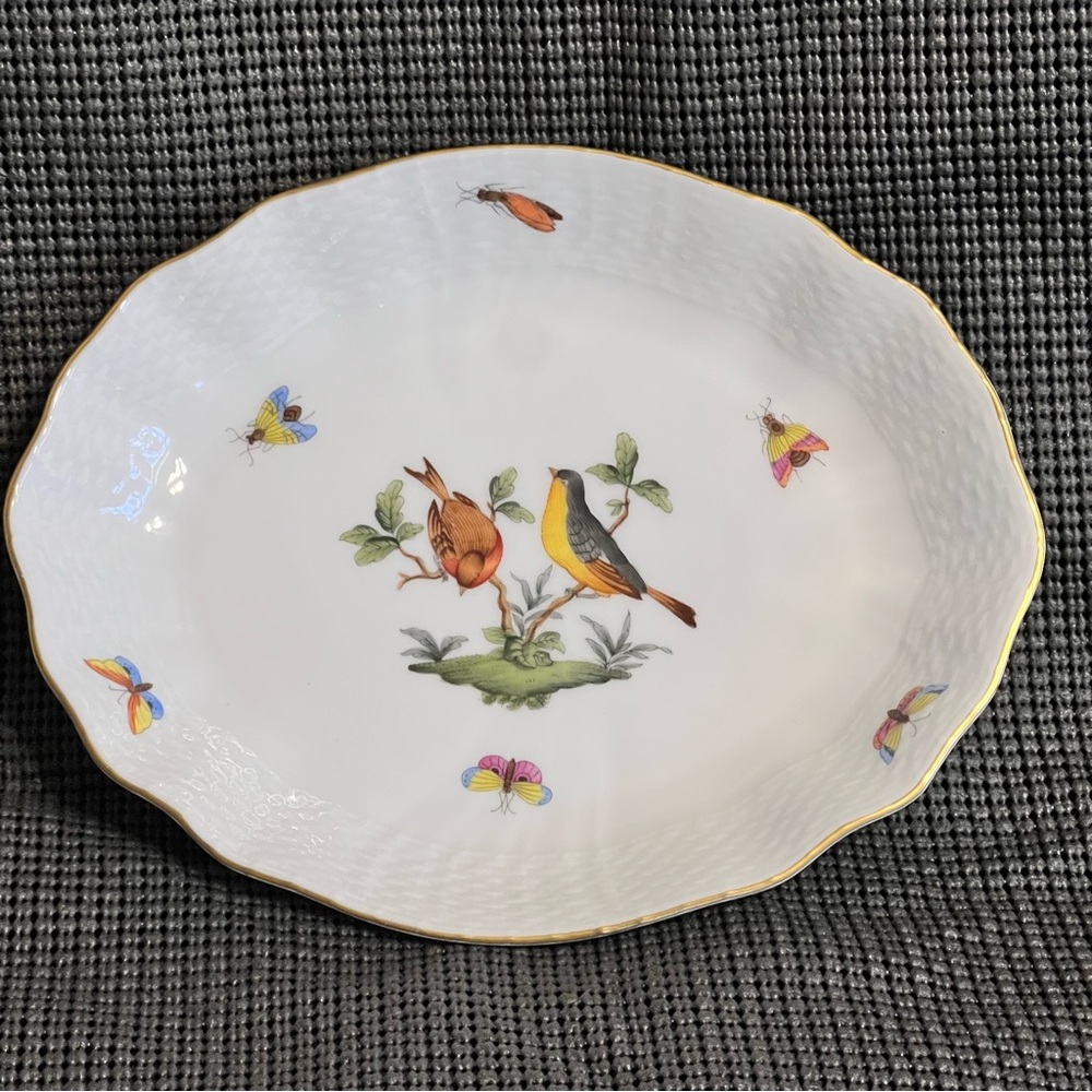 Vintage 9” Bird Oval Serving Bowl Handpainted Scallop Herend Hungary Rothschild